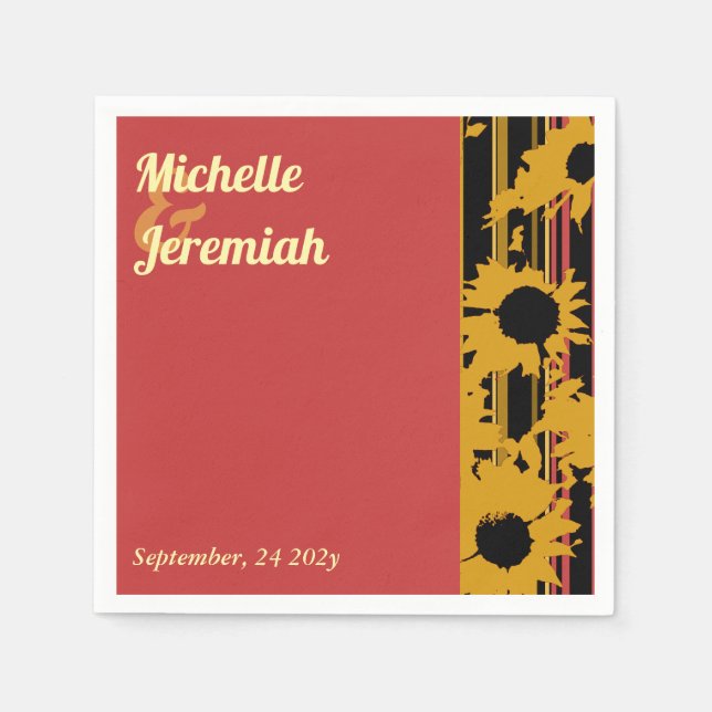 Sunflower Sunset Coral Modern Wedding Cocktail Napkin (Front)