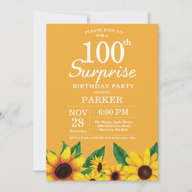 Sunflower Surprise 100th Birthday Invitation (Front)