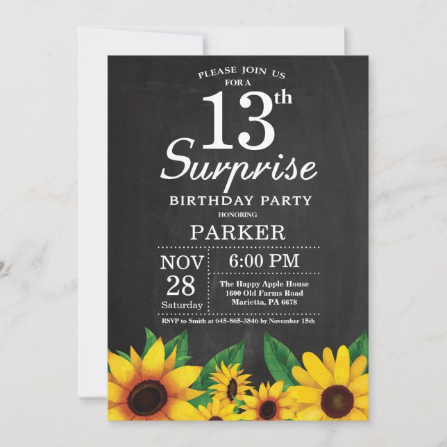 Sunflower Surprise 13th Birthday Invitation (Front)