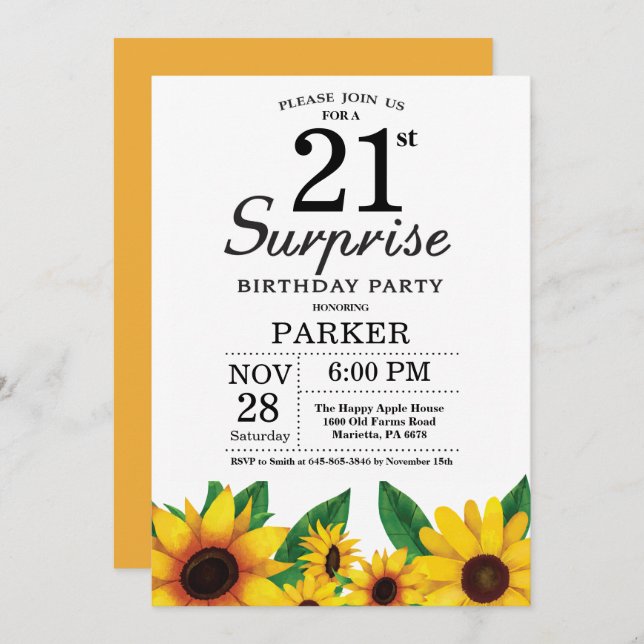 Sunflower Surprise 21st Birthday Invitation (Front/Back)