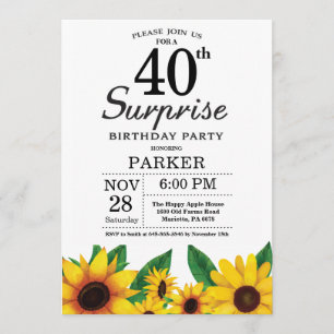 Sunflower Surprise 40th Birthday Invitation