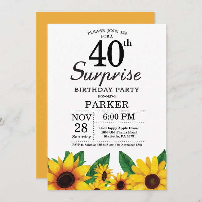 Sunflower Surprise 40th Birthday Invitation (Front/Back)