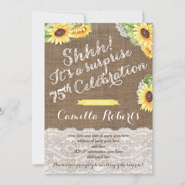 Sunflower surprise 75th birthday invites for lady (Front)