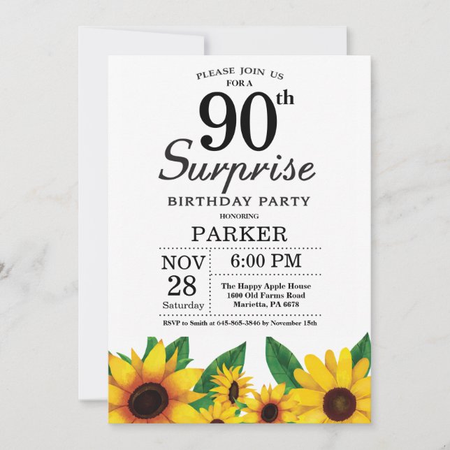 Sunflower Surprise 90th Birthday Invitation (Front)