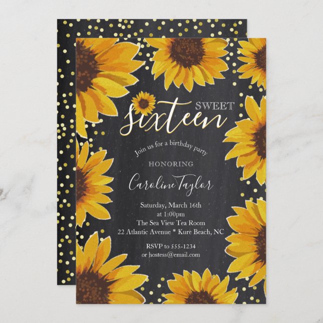 Sunflower Sweet 16 Birthday Chalkboard Invitation (Front/Back)