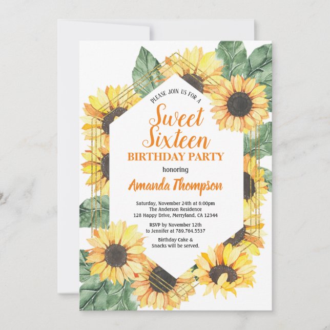Sunflower Sweet Sixteen Birthday Party Invitation (Front)