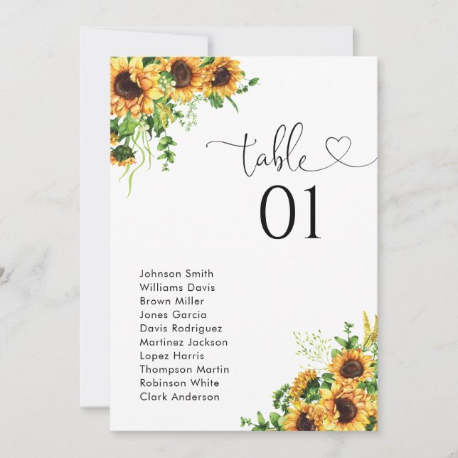 Sunflower Table Number Seating Chart (Front)