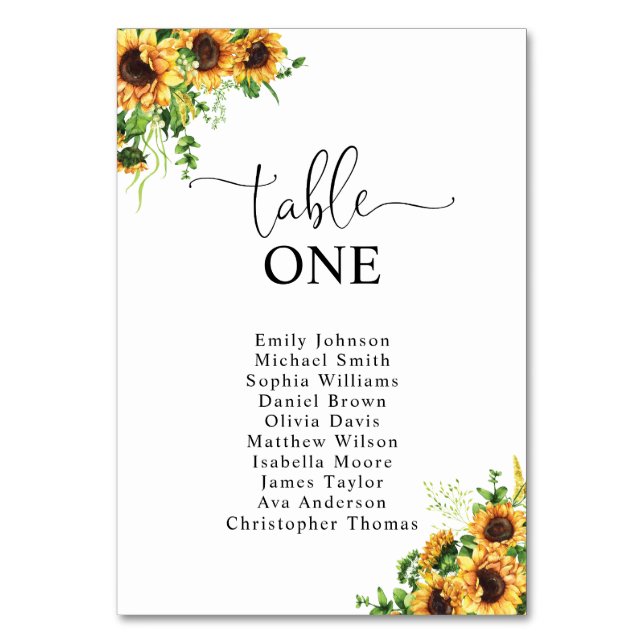 Sunflower Table Number Seating Chart (Front)