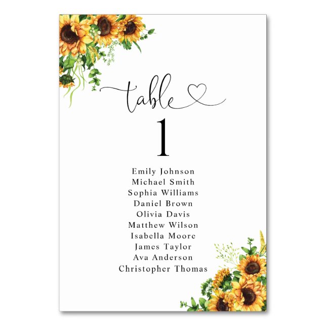 Sunflower Table Number Seating Chart (Front)