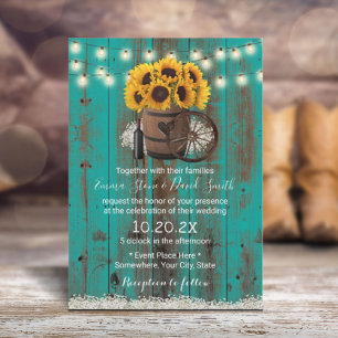 Sunflower Teal Barn Wood Barrel Rustic Wedding Invitation