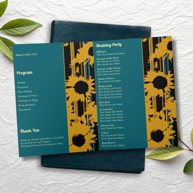 Sunflower Teal Blue Gold Modern Folded Wedding  Programme (Creator Uploaded)