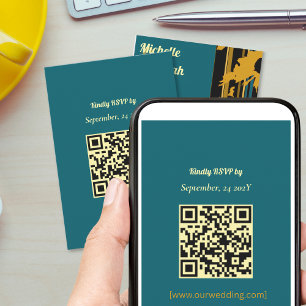 Sunflower Teal Blue Gold Modern QR Code Wedding  RSVP Card