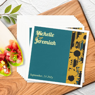 Sunflower Teal Blue Gold Modern Wedding Cocktail Napkin