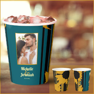 Sunflower Teal Blue Gold Modern Wedding Paper Cups