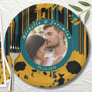 Sunflower Teal Blue Gold Modern Wedding Paper Plate