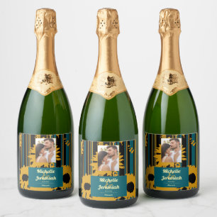 Sunflower Teal Blue Gold Modern Wedding Photo Sparkling Wine Label