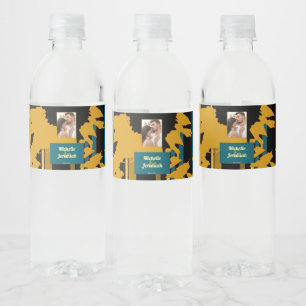 Sunflower Teal Blue Gold Modern Wedding Photo Water Bottle Label
