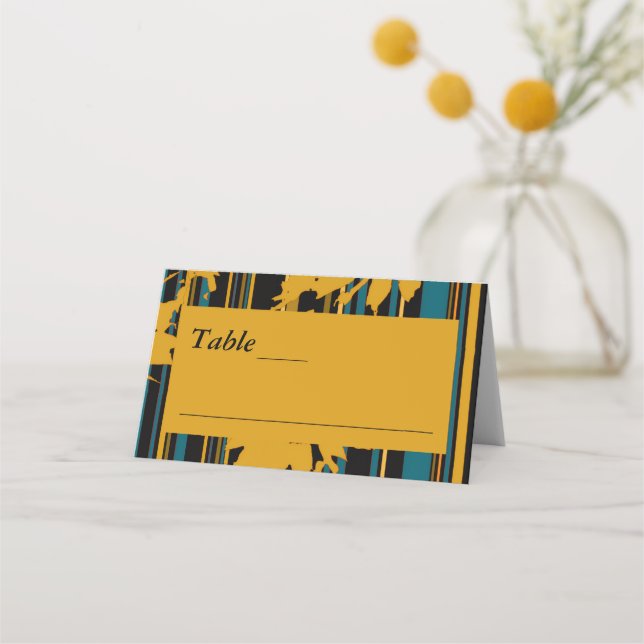 Sunflower Teal Blue Gold Modern Wedding Place Card (Front)