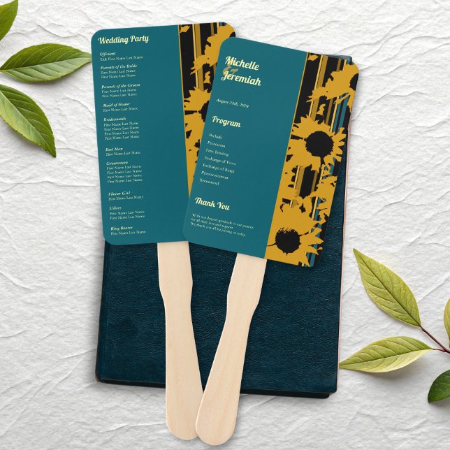 Sunflower Teal Blue Gold Modern Wedding Program Hand Fan (Creator Uploaded)