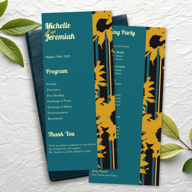 Sunflower Teal Blue Gold Modern Wedding Programme (Creator Uploaded)