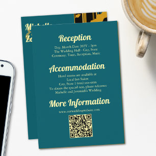 Sunflower Teal Blue Gold Modern Wedding QR Code Enclosure Card