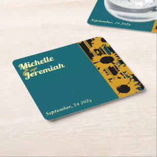 Sunflower Teal Blue Gold Modern Wedding Square Paper Coaster