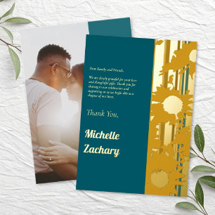Sunflower Teal Blue Modern Wedding Thank You Gold
