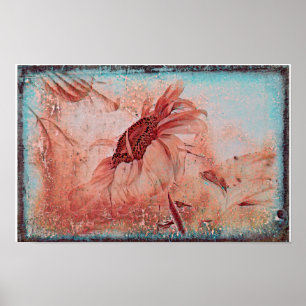 Sunflower Teal Brown Sepia Vintage Antique Texture Poster