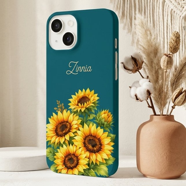 Sunflower Teal Modren Minimal Initial Phone Case (Creator Uploaded)