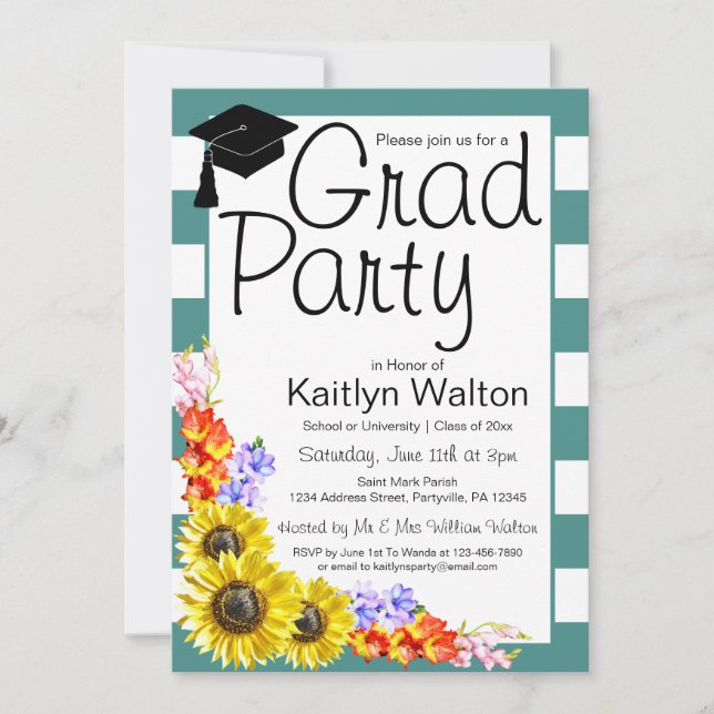 Sunflower Teal Stripes Graduation Party Invitation (Front)