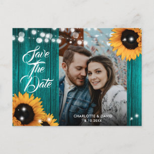 Sunflower Teal Wood Wedding Photo Save The Date Announcement Postcard