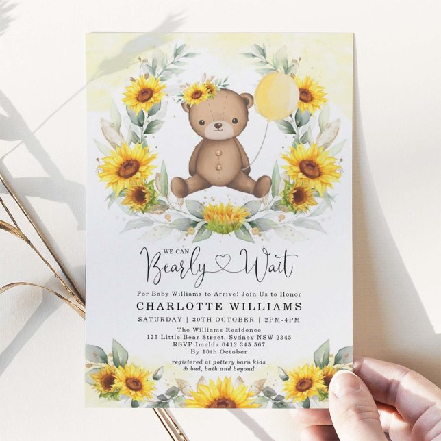 Sunflower Teddy Bear Summer Greenery Baby Shower Invitation (Creator Uploaded)