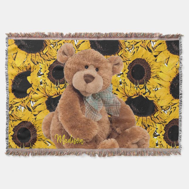 Sunflower Teddy Bear Throw Blanket (Front)