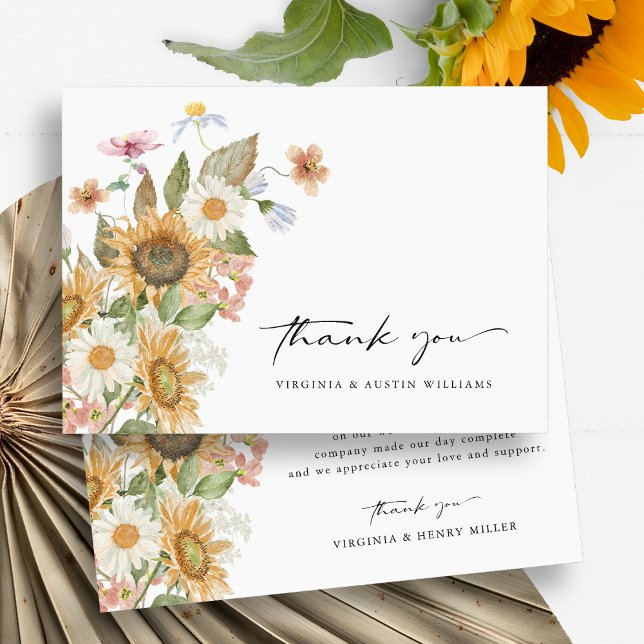 Sunflower Thank You Card (Boho Watercolor Sunflower Wildflowers Floral Wedding  Thank You Card by Painted Paperie
)