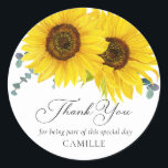 Sunflower Thank you  Classic Round Sticker<br><div class="desc">Sunflower Thank you Round Stickers. Most lettering is editable - click the "Customise Further" button to edit. Matching items in our store Cava party design</div>
