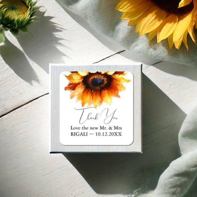 Sunflower Thank You Stickers (Thank you stickers watercolor sunflowers personalized text by VG Invites)