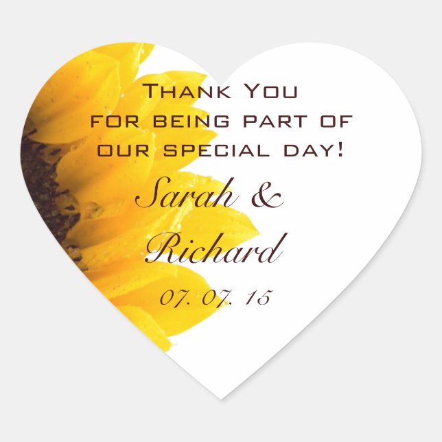 Sunflower Thank You Wedding Favour Heart  Sticker (Front)