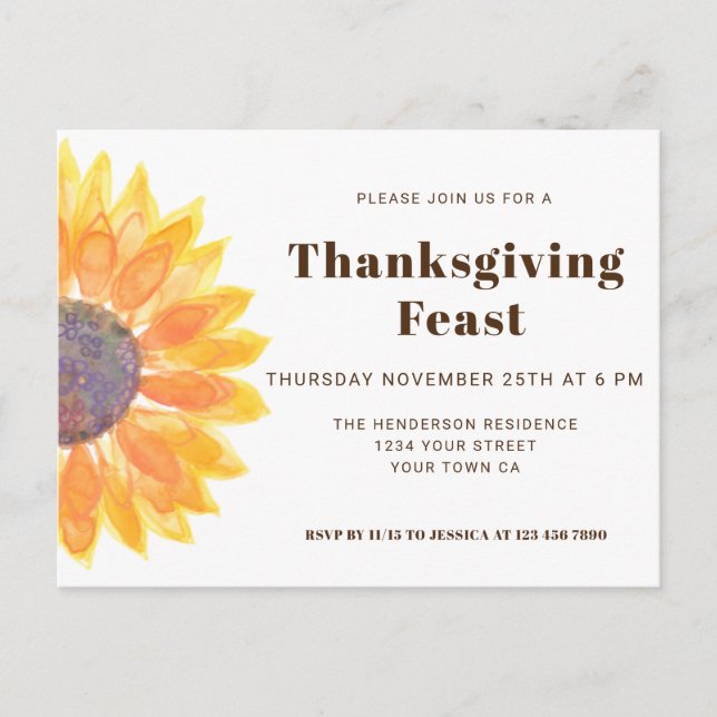 Sunflower Thanksgiving Dinner Invitation Postcard (Front)