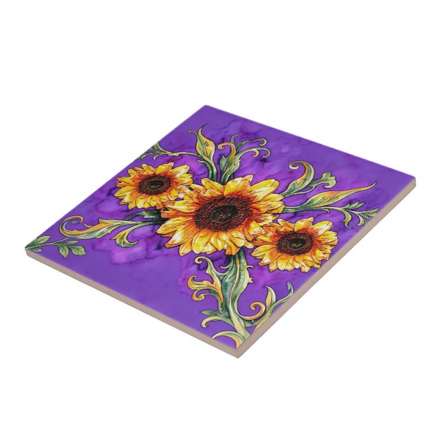 Sunflower Trio – Art Nouveau Tile (Side)