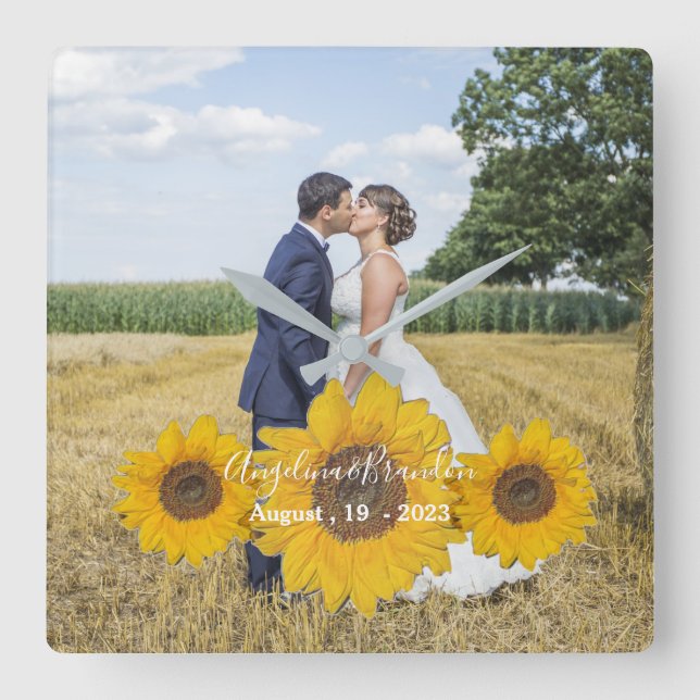 sunflower trio  - your wedding photo square wall clock (Front)