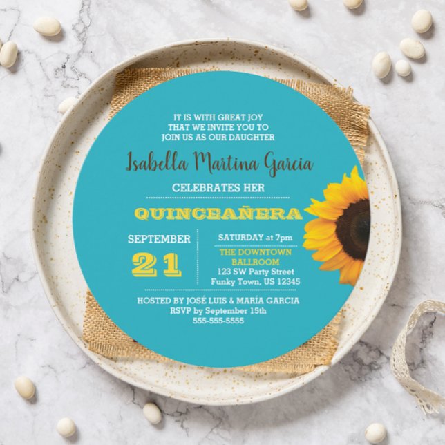 Sunflower Turquoise Round Quinceañera Invitation (Creator Uploaded)