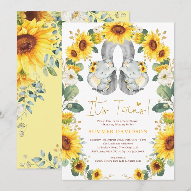 Sunflower Twin Elephant Baby Shower Yellow Floral Invitation (Front/Back)