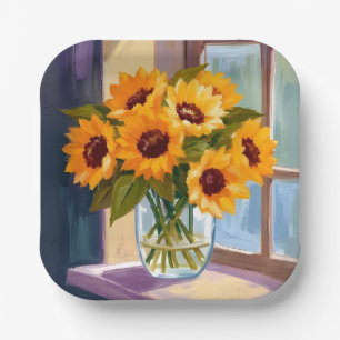 Sunflower Vase Floral Yellow Bouquet Watercolor Paper Plate