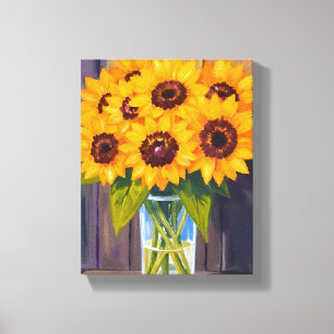 Sunflower Vase   Yellow Flower Bouquet Watercolor Canvas Print