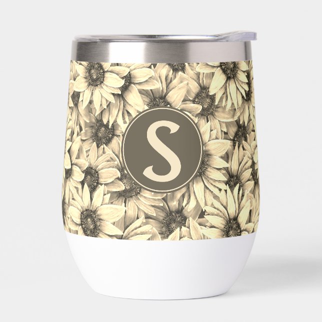 Sunflower Vintage Charm Sepia Tone Wine Tumbler (Left)