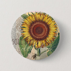 Sunflower Vintage Damask Flower Art 6 Cm Round Badge
