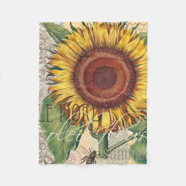 Sunflower Vintage Damask Flower Art Fleece Blanket (Front)