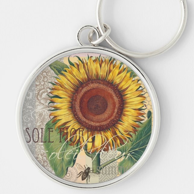 Sunflower Vintage Damask Flower Art Key Ring (Front)