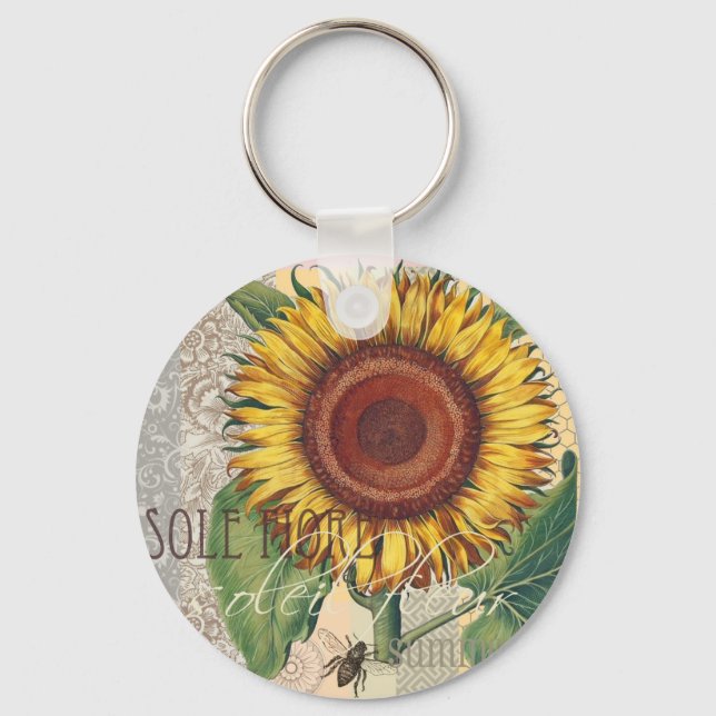 Sunflower Vintage Damask Flower Art Key Ring (Front)