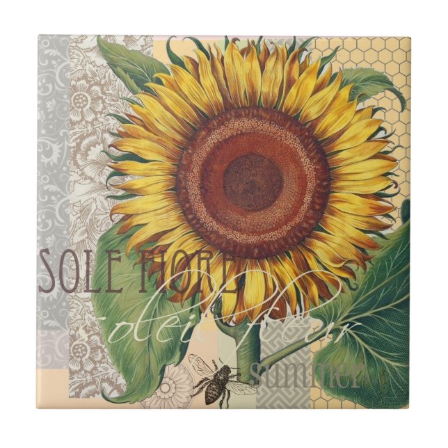 Sunflower Vintage Damask Flower Art Tile (Front)
